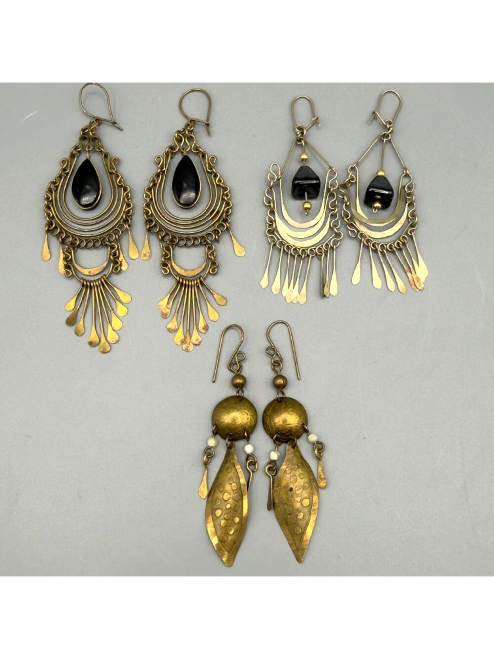 Vintage Brass Tone Long Teardrop Fringe Tassel Earrings Lot of 3 Boho Festival